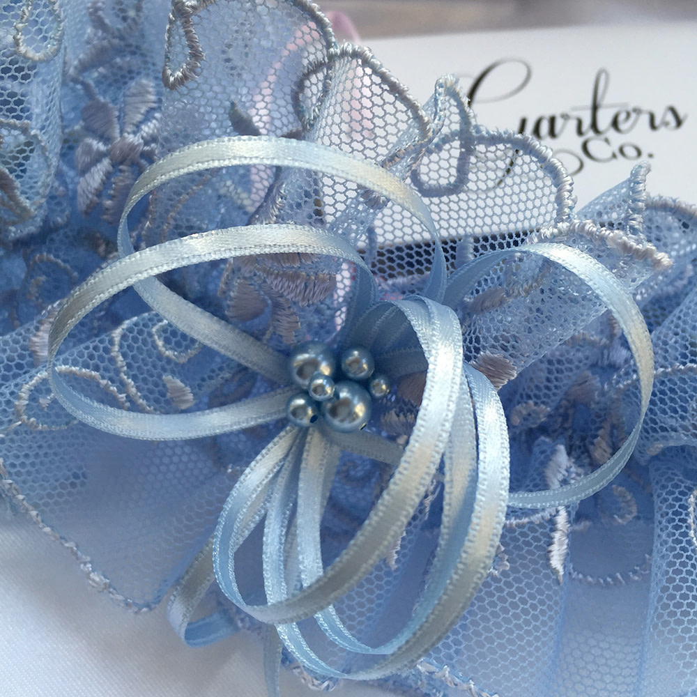 Soft Blue Tulle Lace Wedding Garter with Swarovski Pearls for Wedding Something Blue