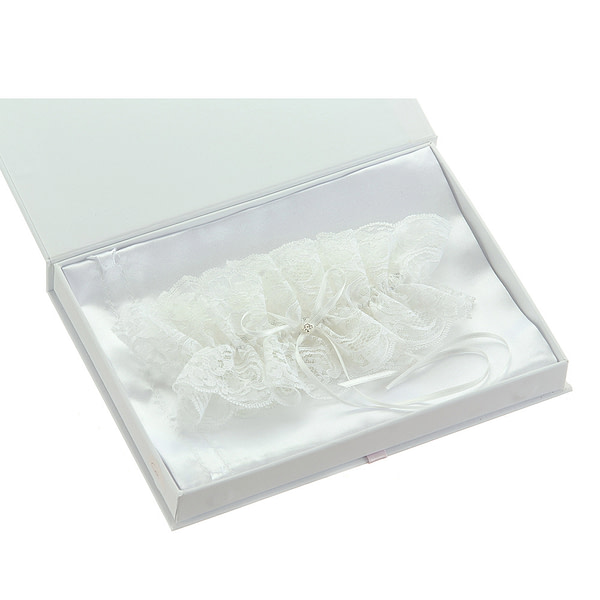Silk white bridal garter with rhinestone and satin bow