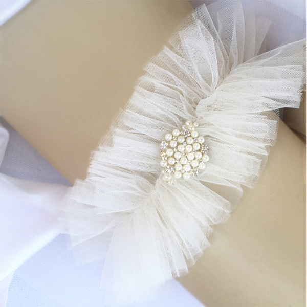 Italian tulle bridal garter with pearl and rhinestone embellishment