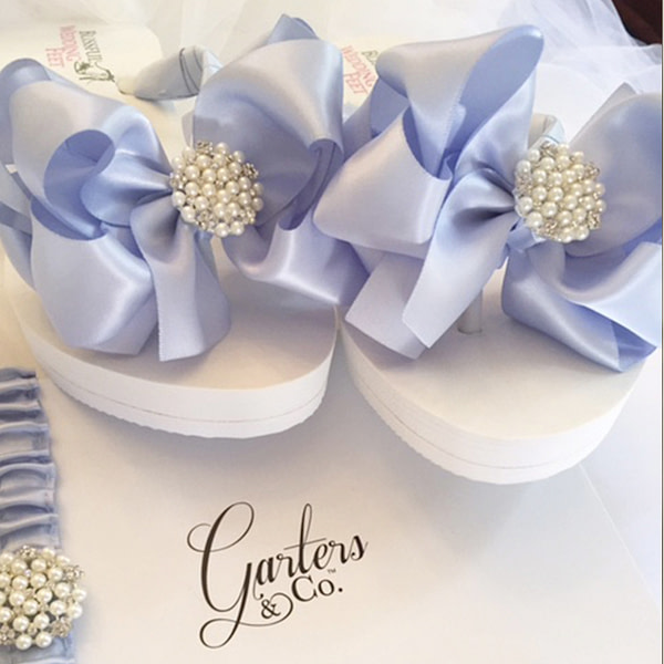 Bridal Flip Flops with Blue Bows and Pearls with Rhinestone embellishment