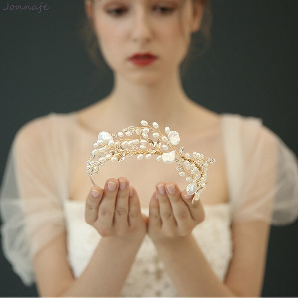Delicate Pearl and gold leaf Bridal Crown