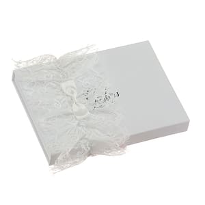 Chantilly lace bridal garter with off-white bow