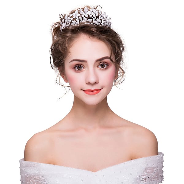 Bride wearing floral design Tiara
